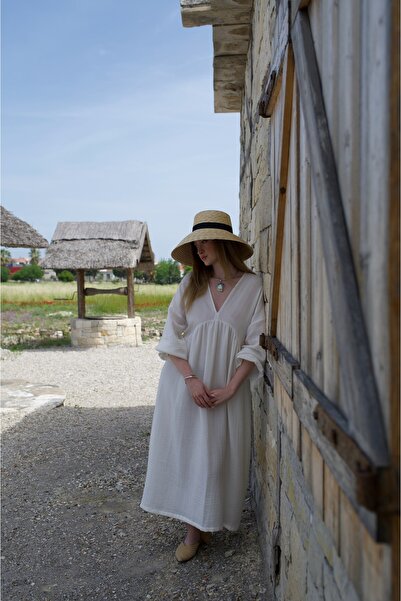 Tfifty Pamuklu Bohem V Yakalı Uzun Kollu Uzun Elbise