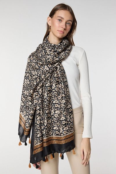bacc Black Tasseled Leaf Patterned Shawl Bcnsv-2515060