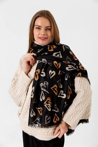 bacc Black Heart Patterned Gilded and Tasseled Shawl Bcnsv-2515054