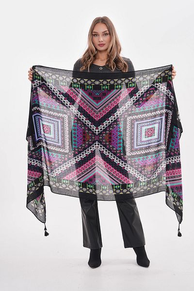 bacc Black Patterned Tassel Shawl Bcnsv-2515239