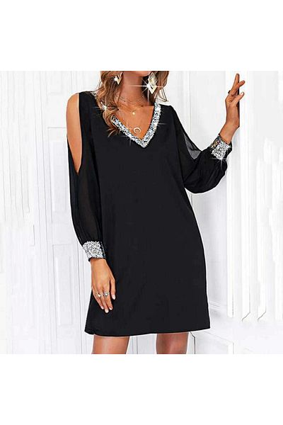Silerra Women's Black Long Sleeve Sleeves Tulle Slit V-Neck Short Crepe Dress