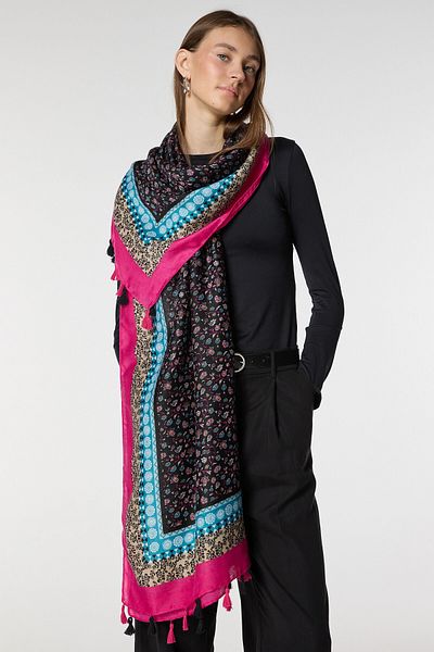 bacc Pink Ethnic Patterned Shawl with Foil and Tassels Bcnsv-2515086