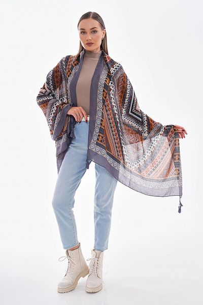 bacc Anthracite Patterned Tasseled Shawl Bcnsv-2515239