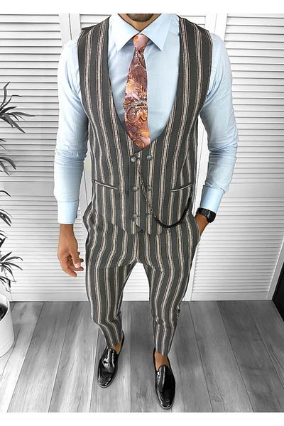 dehaine Men's suit, pants plus vest, gray, striped, B4104