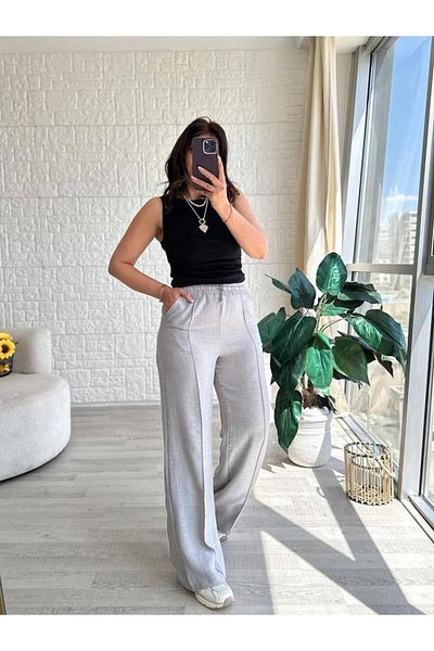 SOSYETE AVM Women's Gray Linen Ayrobin Fabric High Waist Loose Wide Leg Palazzo Trousers