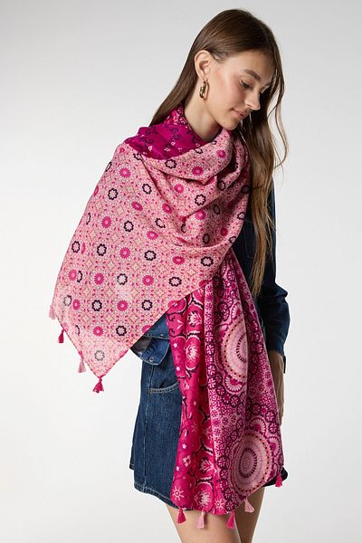 bacc Fuchsia Multi Patterned Tassel Shawl Bcnsv-2515069
