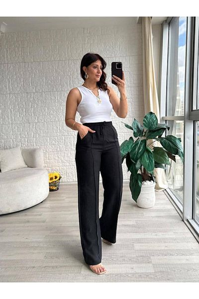 SOSYETE AVM Women's Black Linen Ayrobin Fabric High Waist Loose Wide Leg Palazzo Trousers