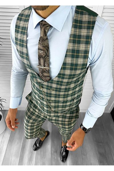 dehaine Men's suit, pants plus vest, green, checked, B4098