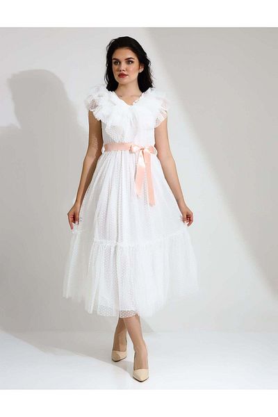 Stayele Elegant Ruffle Midi Dress with Polka Dot Tulle