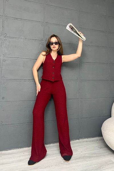 MOZENA Buttoned Vest Trousers 2-Piece Seersucker Suit