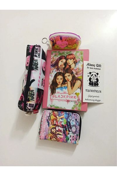 Alanç Gift Black Pink Printed Pen Holder, Notebook, Coin Purse, Coin Purse Special Gift Set