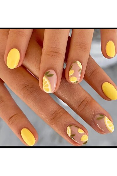 PİRAYE AKSESUAR 24'lü Limon Dilimi Desenli Kısa Badem Sarı Yaz Temalı Jel Pro...