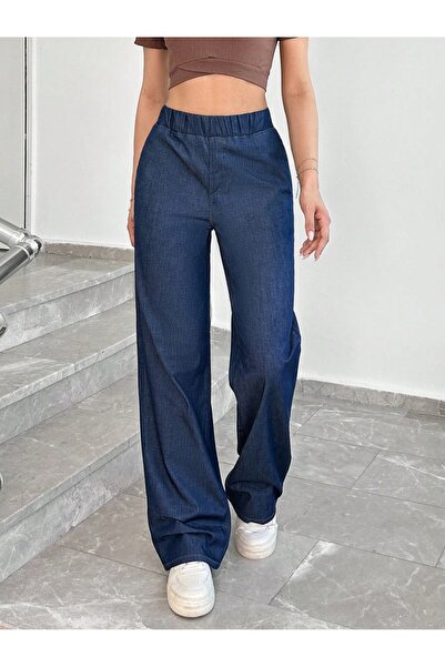 EmWay'S DENİM KADIN YÜKSEK BEL BELİ LASTİKLİ İNCE KUMAŞ LACİVERT PANTOLON