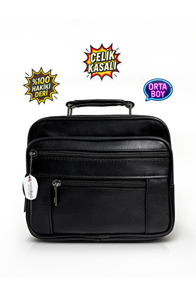 westbag Men's Black Horizontal Model Steel Case Genuine Leather Hand and Shou...