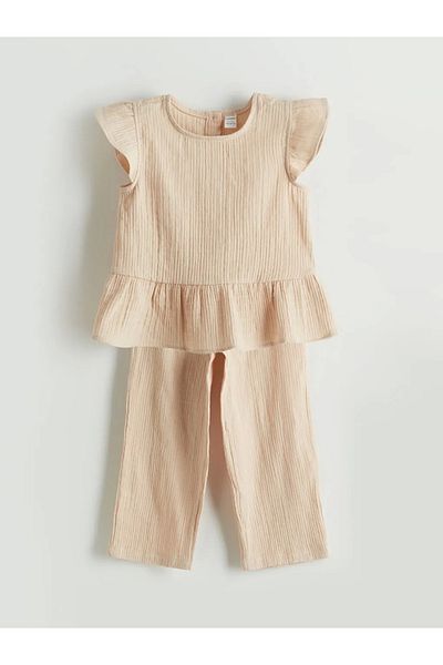 LC Waikiki Lcw Kids Beige Basic Girls Blouse and Pants 2-Piece