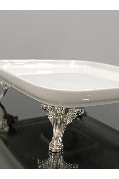 PARILTI HOME COLLECTİON Porselen Sunum Tabağı Gümüş Kulplu ve Ayaklı