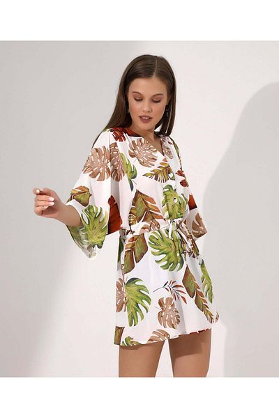 Stayele Tropical Print Drawstring Waist Dress