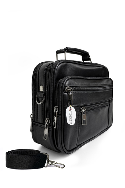 westbag Men's Black Horizontal Model Steel Case Genuine Leather Hand and Shoulder Bag Large Size