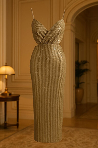 VENTİUP Celina Gold Payetli Cut-Out Elbise