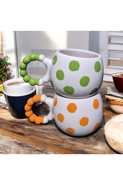İZart 2' Li İnci Handle Orange - Green Polka Dot Patterned Hand Embroidered Ceramic Mug