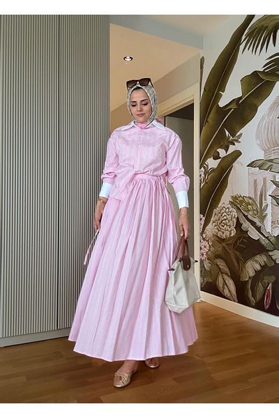 Aselim Hijap Moda Ριγέ Ποπλίνα Υφασμάτινη Φούστα Πουκάμισο Πέτρα Λεπτομερή Σετ Ροζ