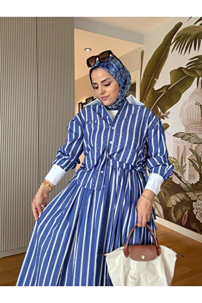 Aselim Hijap Moda Striped Poplin Fabric Skirt Shirt Stone Detailed Suit Navy Blue