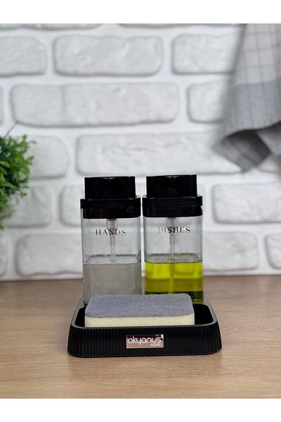 Okyanus Home Black Deluxe Square Stand Transparent Liquid Soap Dispenser and Detergent Dispenser