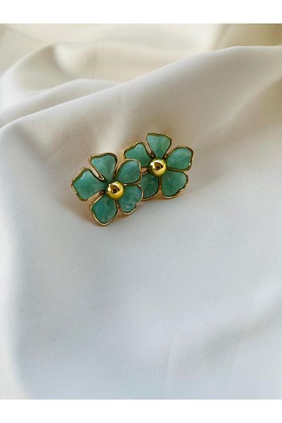 ESDE Gold with Turquoise Flower Figure Stylish and Elegant Earrings