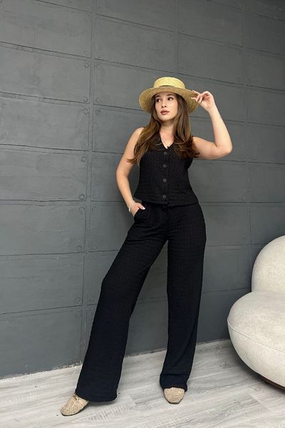 MOZENA Buttoned Vest Trousers 2-Piece Seersucker Suit