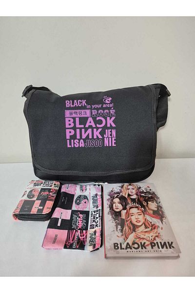 Alanç Gift Karne Gift Custom Black Pink Printed Messenger Bag, Notebook, Wallet, Pen Holder, Gift Set