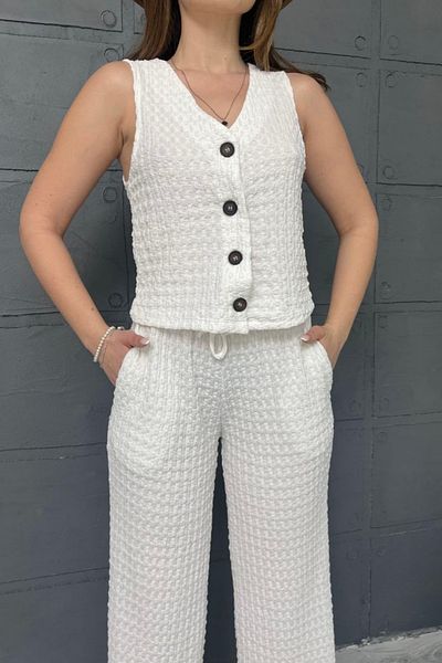 MOZENA Buttoned Vest Trousers 2-Piece Seersucker Suit