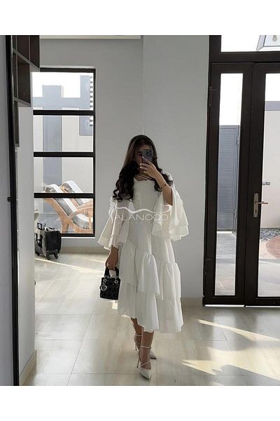 ALANOOD FASHION Soft white linen dress with wide sleeves and a modern design