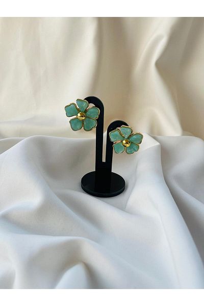 ESDE Gold with Turquoise Flower Figure Stylish and Elegant Earrings