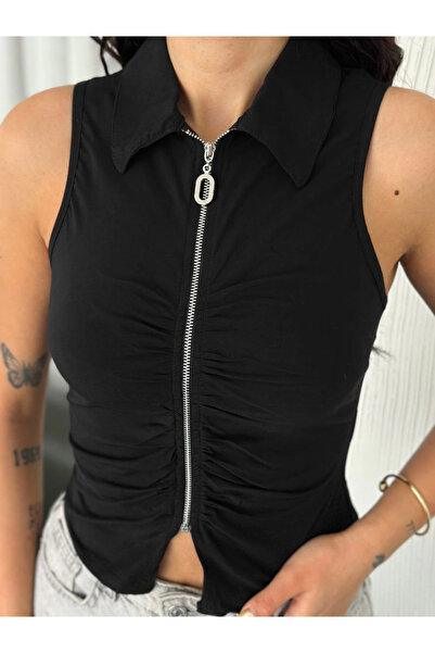 velmorafashion Velmora Collared Full Zip Sleeveless Blouse - Black -