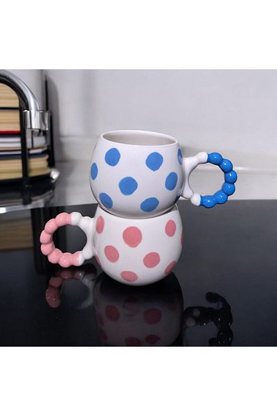 İZart 2' Li İnci Handle Pink - Blue Polka Dot Patterned Hand Embroidered Ceramic Mug