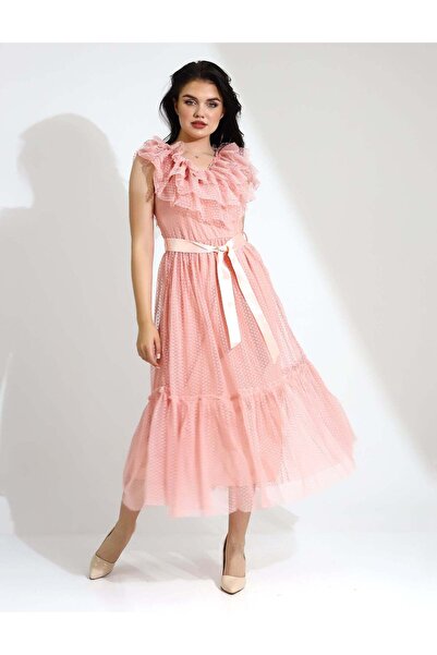 Stayele فستان ماكسي أنيق مكشكش مع حزام من شريط الساتان