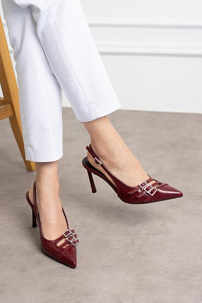 kalyoncu moda Julian Back Open Front Three-Striped Burgundy Colored Heeled Shoes