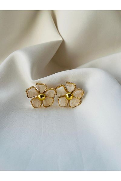 ESDE Beige Colored Flower Figured Gold Stylish Design Earrings
