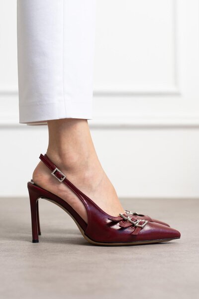 kalyoncu moda Julian Arka Açık Önü Üç Bantlı Bordo Renkli Topuklu Ayakkabı