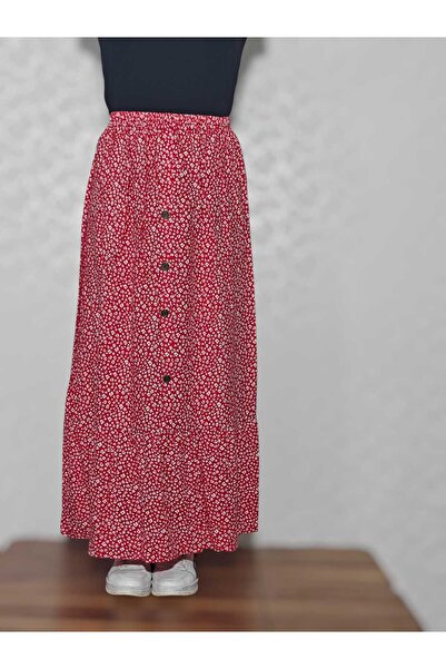 SHAVİL Desenli Düğme Detaylı Viskon Etek,Baskılı,Fırfırlı,Dökümlü,Günlük Etek