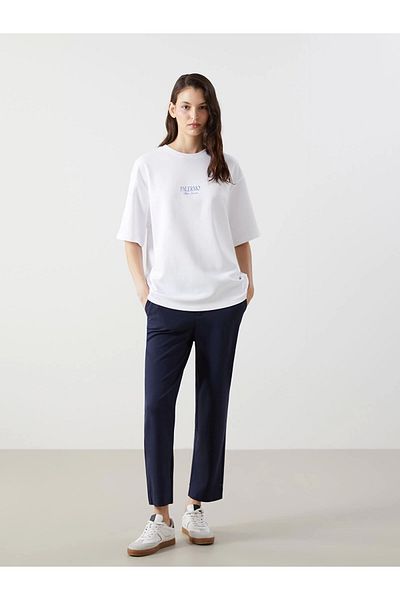 LC Waikiki Γυναικείο μπλουζάκι LCW Vision White Crew Neck Palermo με στάμπα Oversize