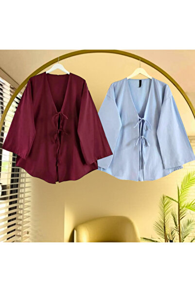 Generic Brand Tunica kimono cu cravată în față 2 bucăți vișiniu și albastru b...