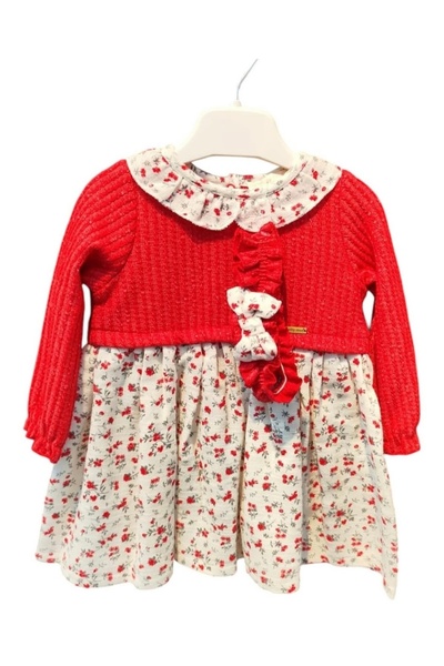 KIYAFET Kız Bebek Kırmızı Çiçek Desenli Elbise ve Saç Bandı İkili Takım