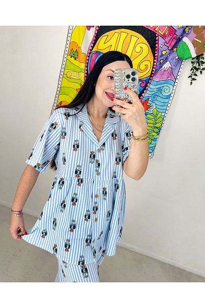 Pijamapartisi Blue Striped Short Sleeve Maternity Maternity Pajama Set with Teddy Bear Pattern