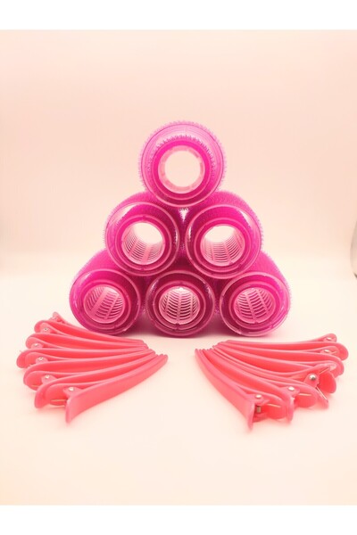 Piraye Shop Σετ μπούκλες φουσκωτές τρίχες 18 τεμαχίων με αυτοκόλλητο και αυτοκόλλητο κούμπωμα επιπλέον μανταλάκια σε φούξια χρώμα