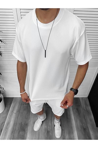 dehaine Men's Summer Set, Shorts and T-Shirt, White, 8206A