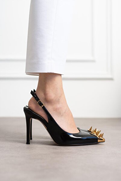 kalyoncu moda Valentin Önü Zımbalı Gerçek Deri Siyah Renkli Kadın Topuklu Ayakkabı