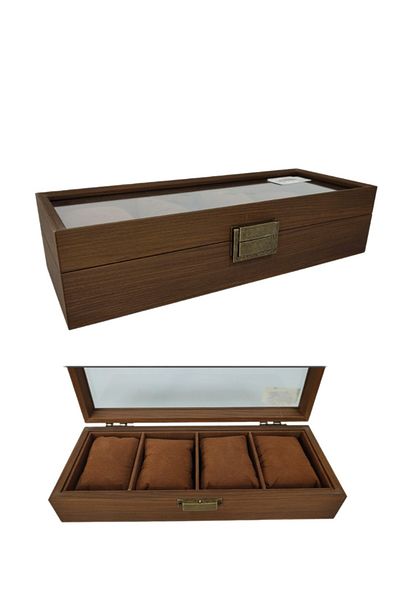Living Wooden organizer box with a glass lid for organizing jewelry and watches - 4 compartments - brown