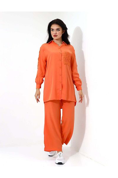 Stayele Womens Orange Two Piece Set with Lace Details