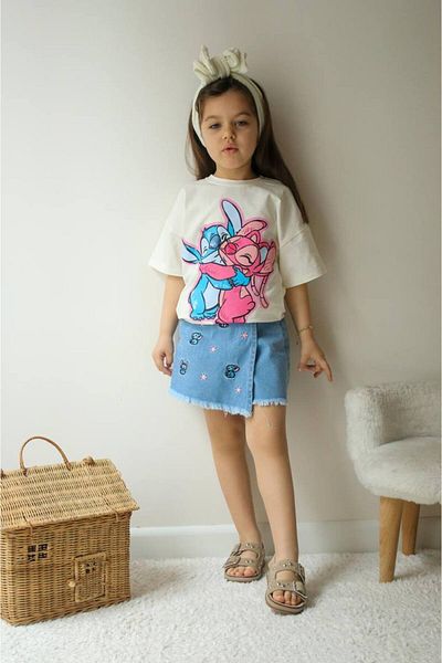 Starry Couture Girl's Stitch Printed T-Shirt and Embroidered Denim Shorts Skirt Set